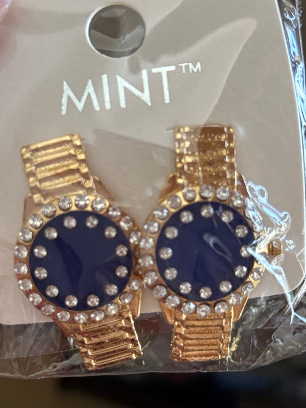 MINT Gold-Tone Crystal Accent Navy Watch Face Earrings